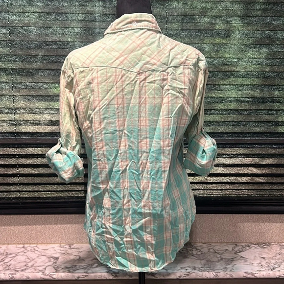 Jachs Girlfriend Women’s Ombré Green Plaid LS Snap Front Cotton‎ Shirt Large - Picture 4 of 9